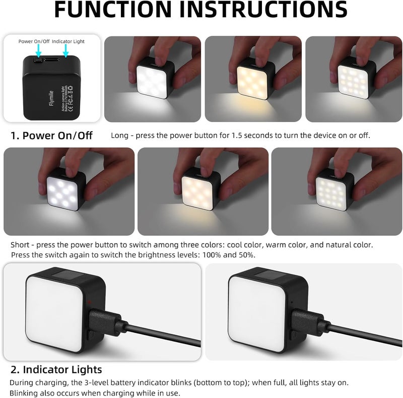 Flymile Pocket 3 Magnetic Fill Light Accessories, 6500K Adjustable Video Light for Xtra Muse with Quick-Release Cold Shoe Base, Compatible with DJI Osmo Action 5 Pro/4/3 Camera Cage Attachment, White - Image 5